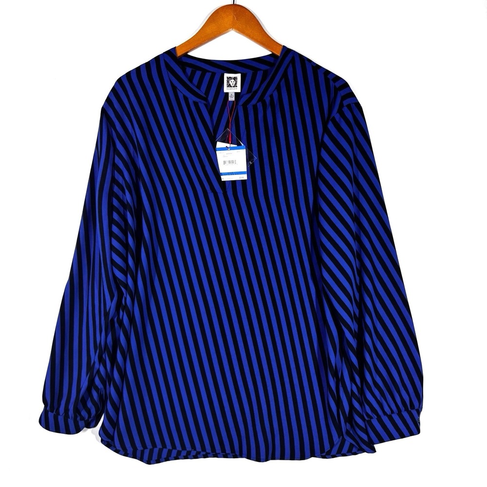 Anne Klein Blouse Womens XL Blue Black Striped Mariner Lightweight‎ NWT Nautical